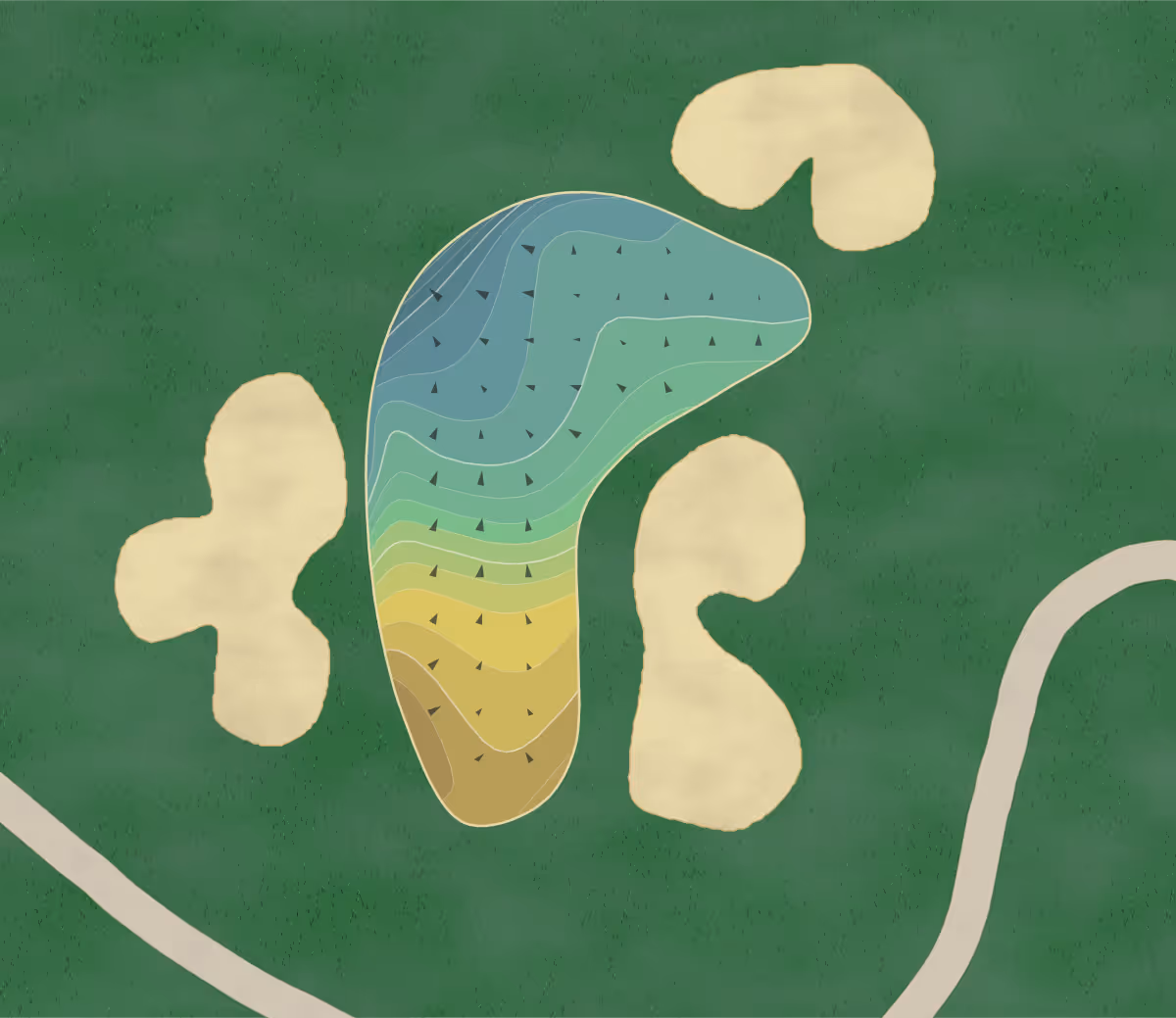 Green contour map of Riverhill in Kerrville, Texas — 190 elevation contours at a 3-inch interval with fall-line arrows, traced from 1-meter lidar