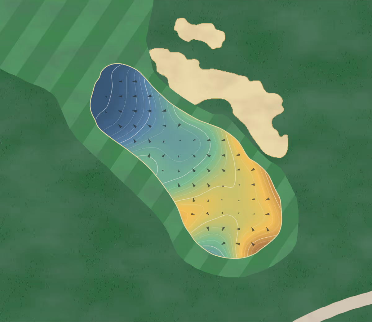 Green contour map of Riverlands in Milperra, Sydney, Australia — 32 elevation contours at a 8-centimeter interval with fall-line arrows, traced from 1-meter lidar