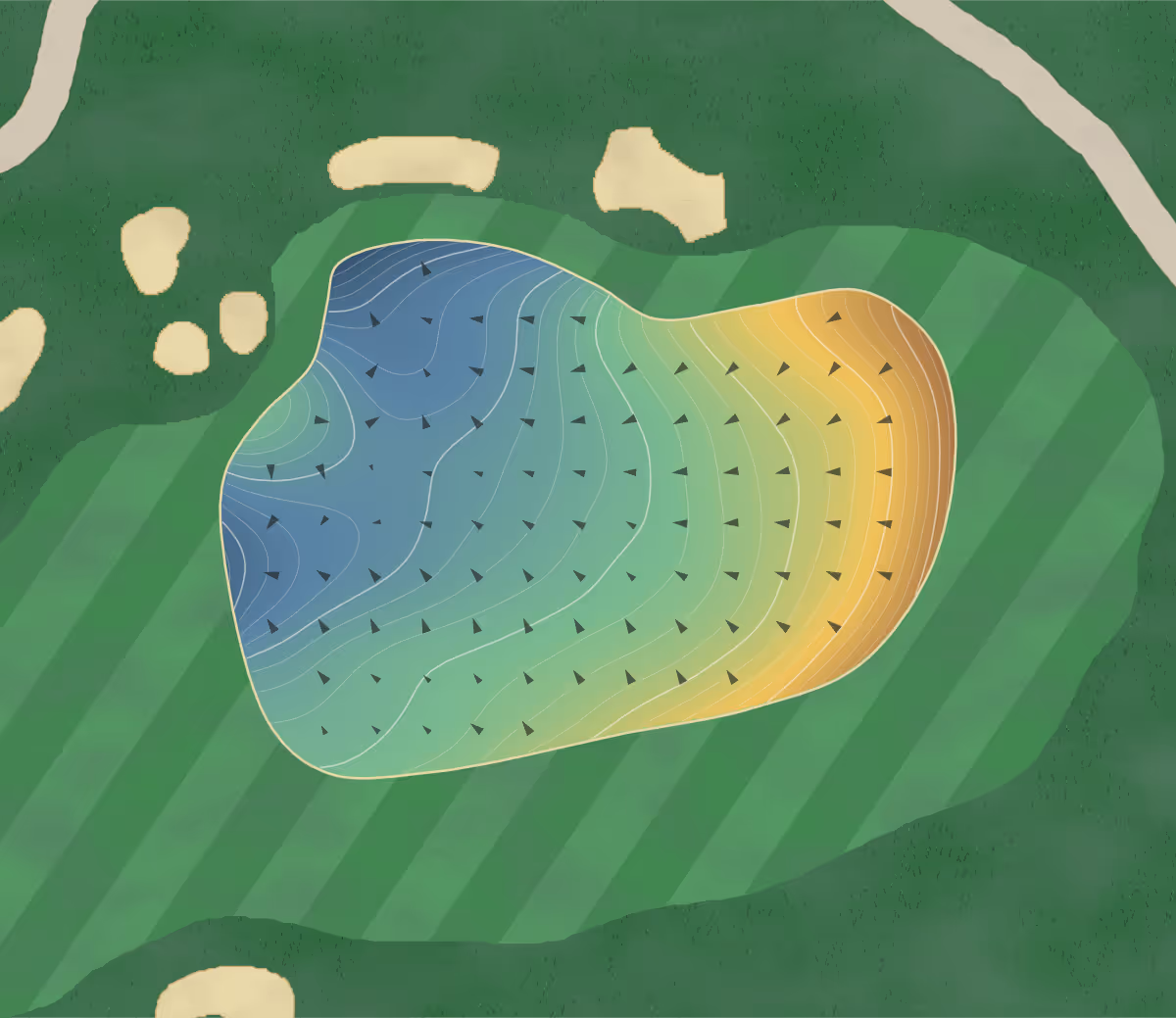 Green contour map of Rivermont Golf and Country Club in Alpharetta, Georgia — 285 elevation contours at a 3-inch interval with fall-line arrows, traced from 1-meter lidar