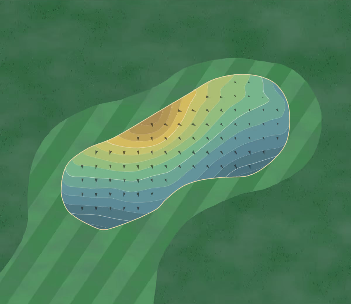 Green contour map of RiverPines in Johns Creek, Georgia — 164 elevation contours at a 3-inch interval with fall-line arrows, traced from 1-meter lidar