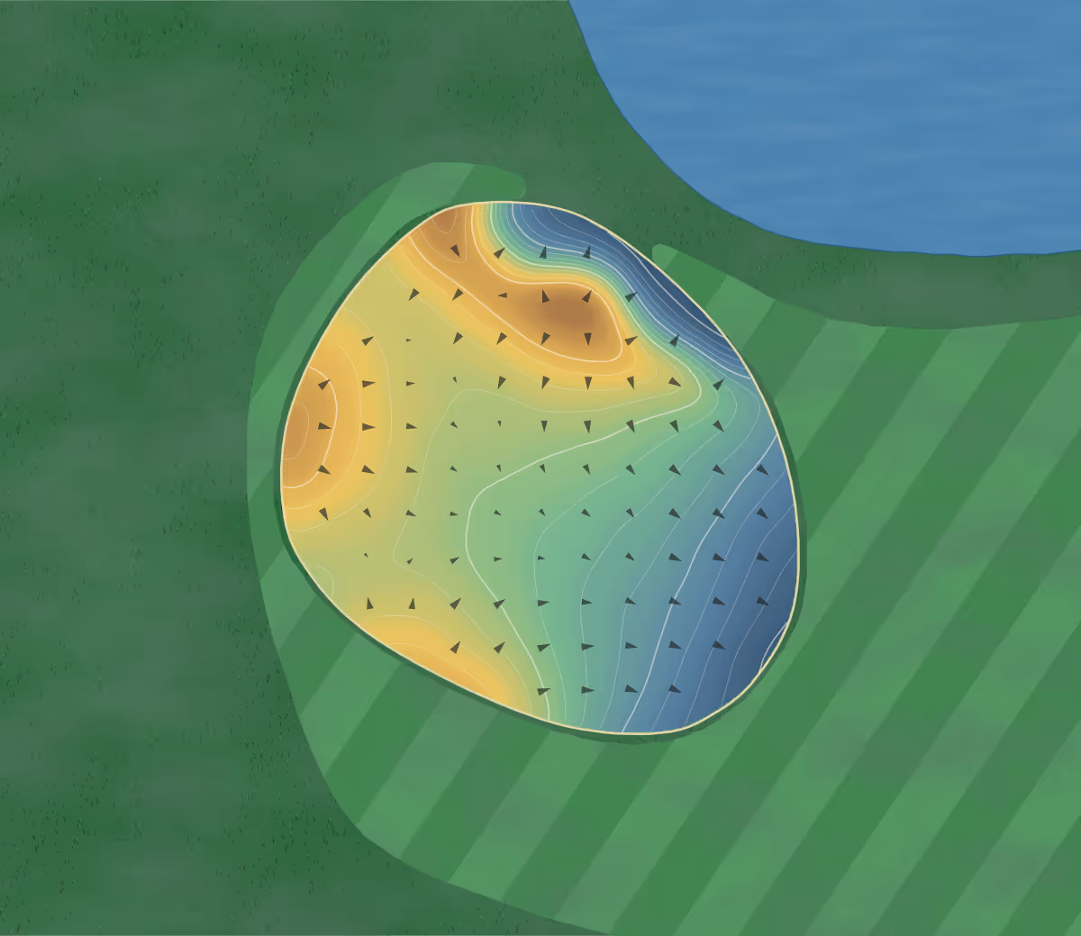 Green contour map of Riverside in Provo, Utah: 165 elevation contours at a 3-inch interval with fall-line arrows, traced from 1-meter lidar