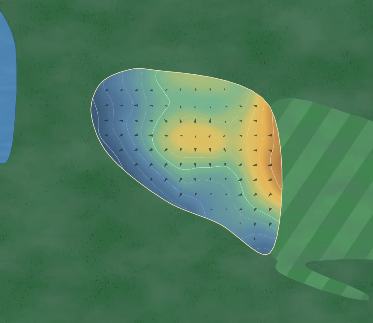 Green contour map of Riverside Golf in Indianapolis, Indiana: 64 elevation contours at a 3-inch interval with fall-line arrows, traced from 1-meter lidar