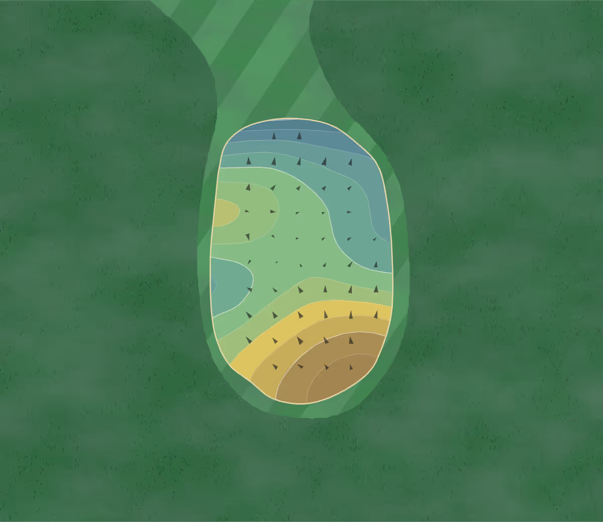Green contour map of Riverside Golf in Grand Island, Nebraska — 127 elevation contours at a 3-inch interval with fall-line arrows, traced from 1-meter lidar