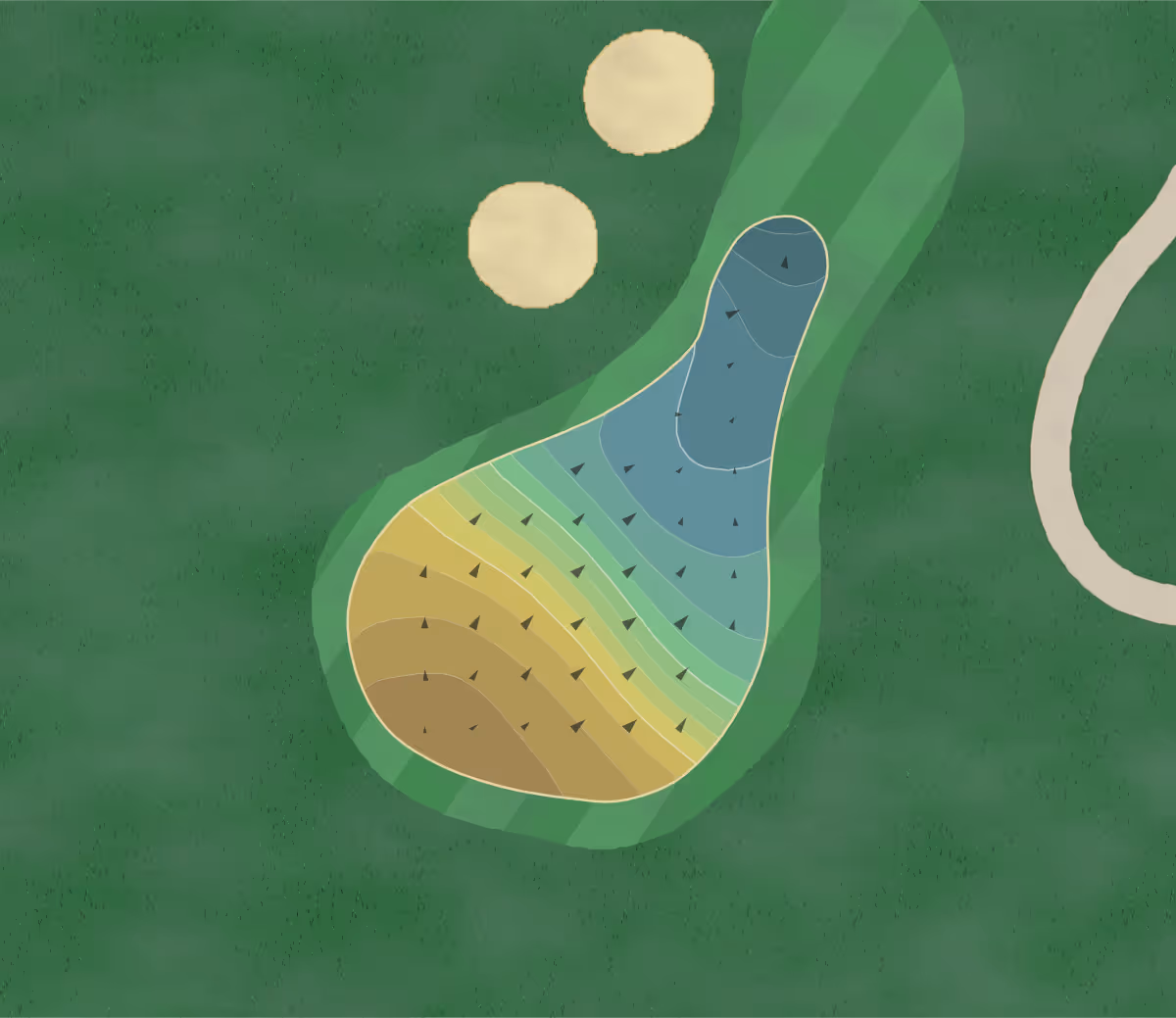 Green contour map of Riverside Golf Club (Grand Prairie) in Grand Prairie, Texas — 153 elevation contours at a 3-inch interval with fall-line arrows, traced from 1-meter lidar