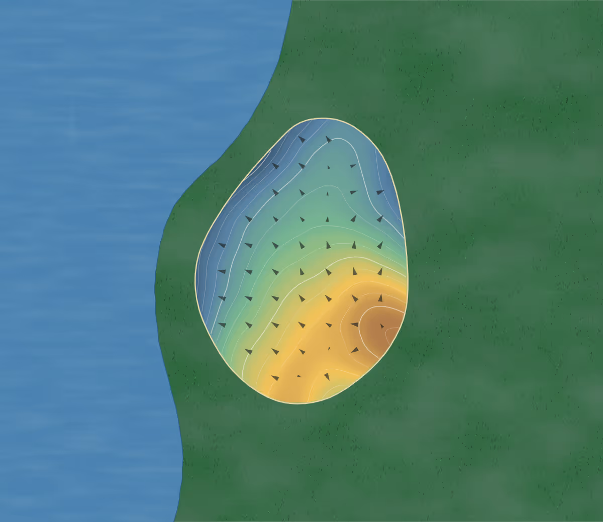 Green contour map of Riverside in Festus, Missouri: 179 elevation contours at a 3-inch interval with fall-line arrows, traced from 1-meter lidar