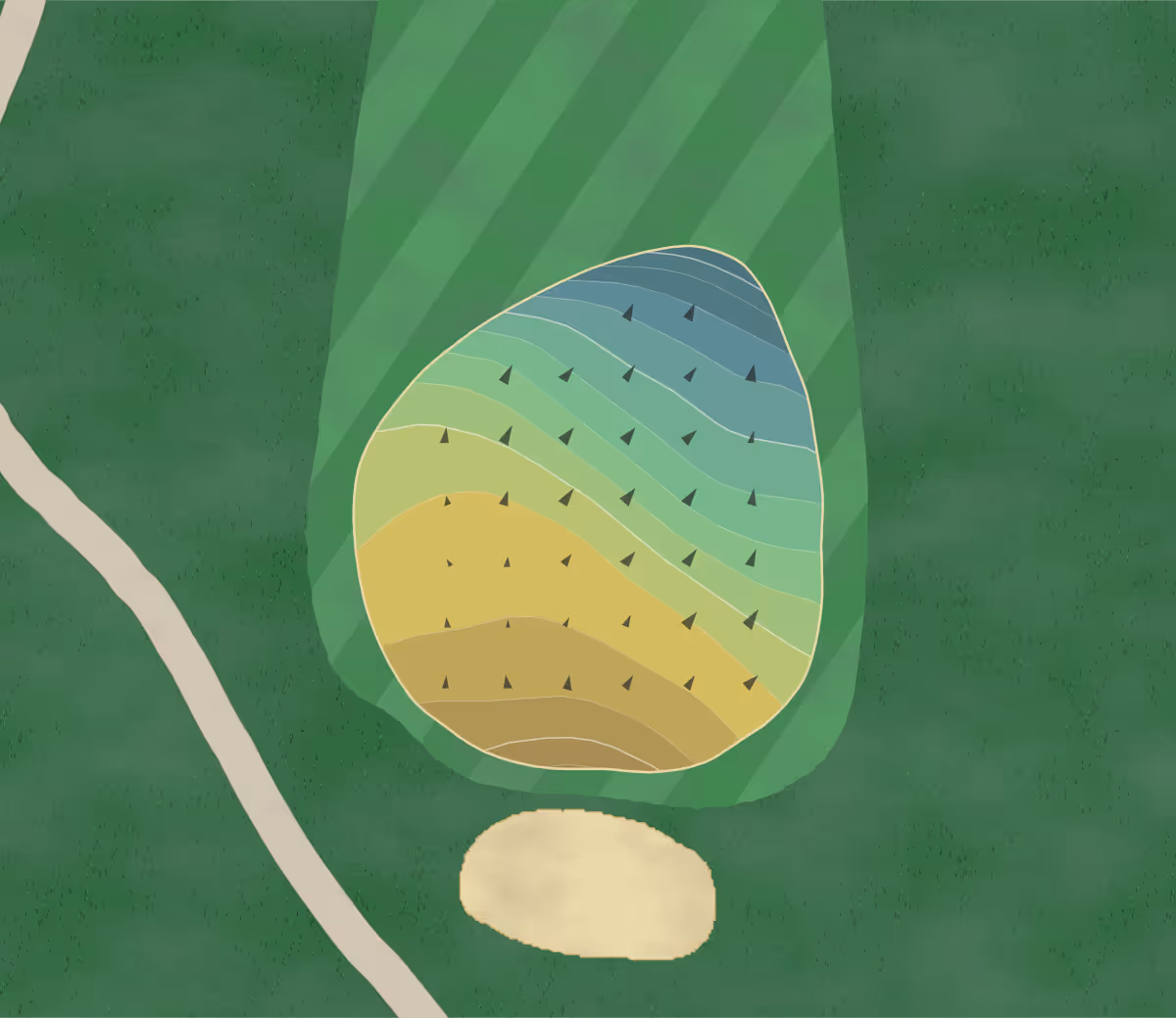 Green contour map of Riverside Golf Course in Austin, Texas — 148 elevation contours at a 3-inch interval with fall-line arrows, traced from 1-meter lidar