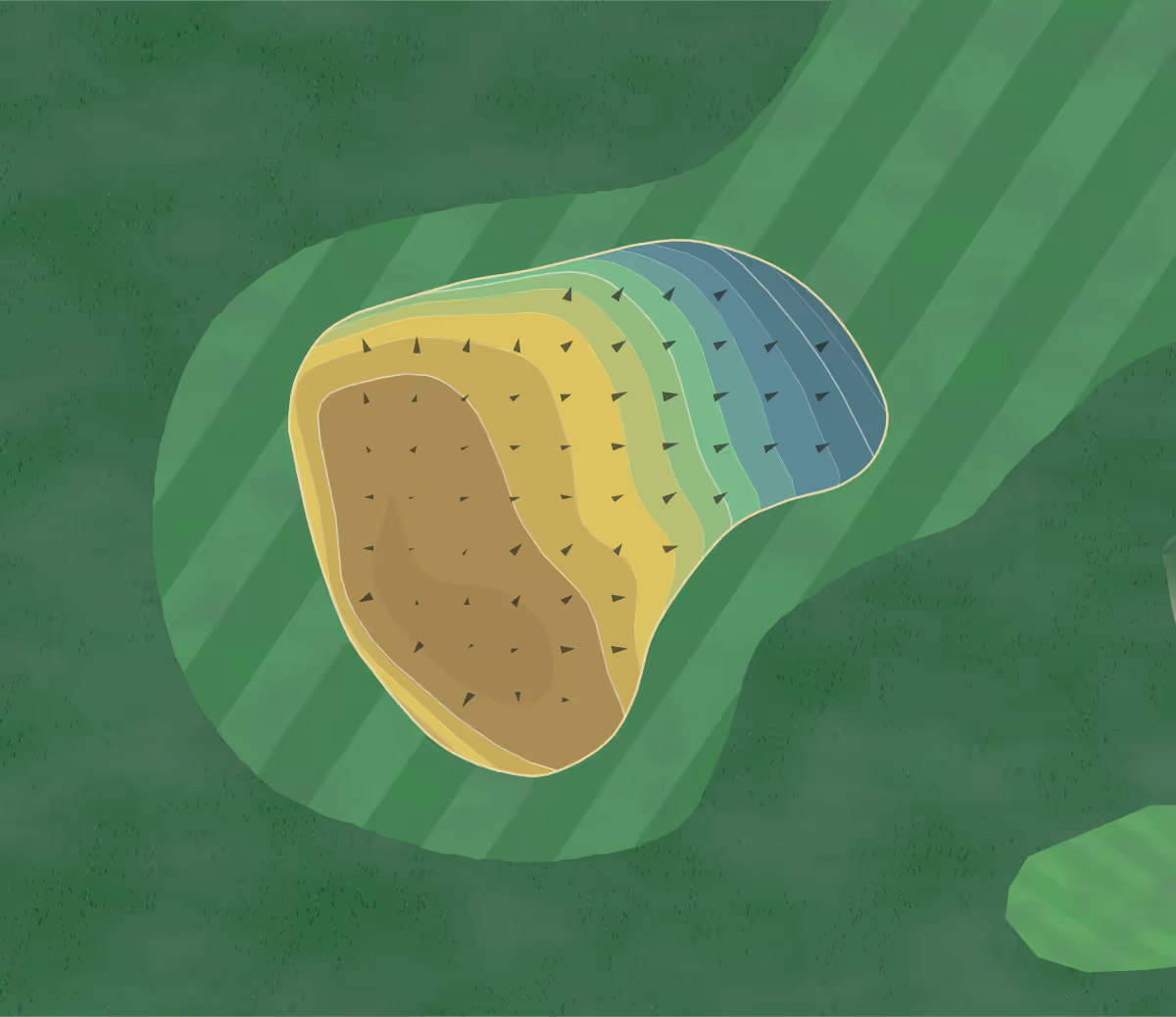 Green contour map of Riverside Golf in Pocatello, Idaho — 202 elevation contours at a 3-inch interval with fall-line arrows, traced from 1-meter lidar