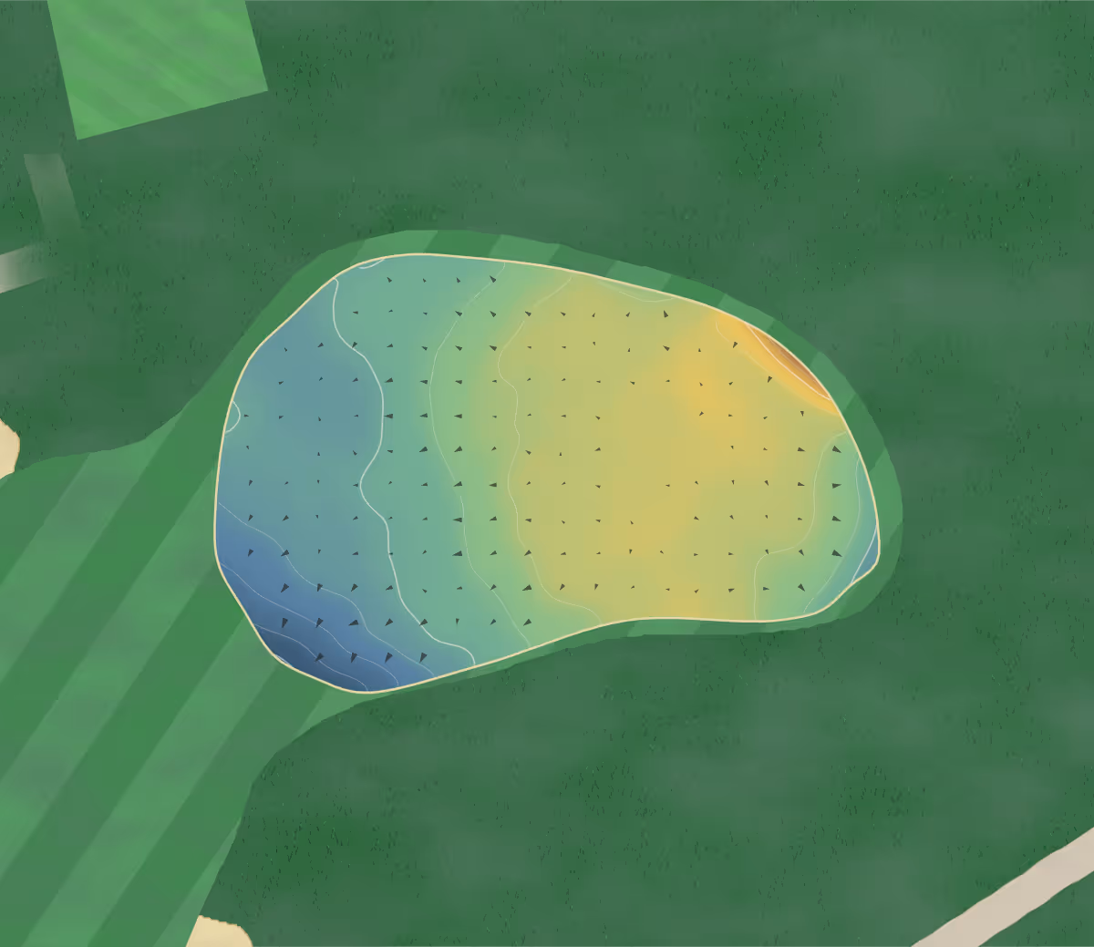 Green contour map of Riverside in Portstewart, United Kingdom: 73 elevation contours at a 8-centimeter interval with fall-line arrows, traced from 1-meter lidar