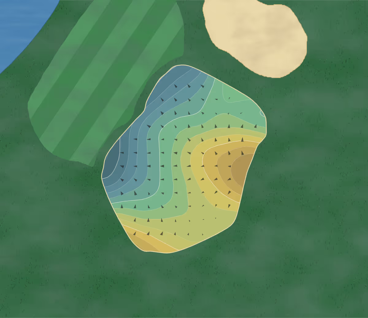 Green contour map of Riverton Oaks in W. Henrietta, New York — 84 elevation contours at a 3-inch interval with fall-line arrows, traced from 1-meter lidar