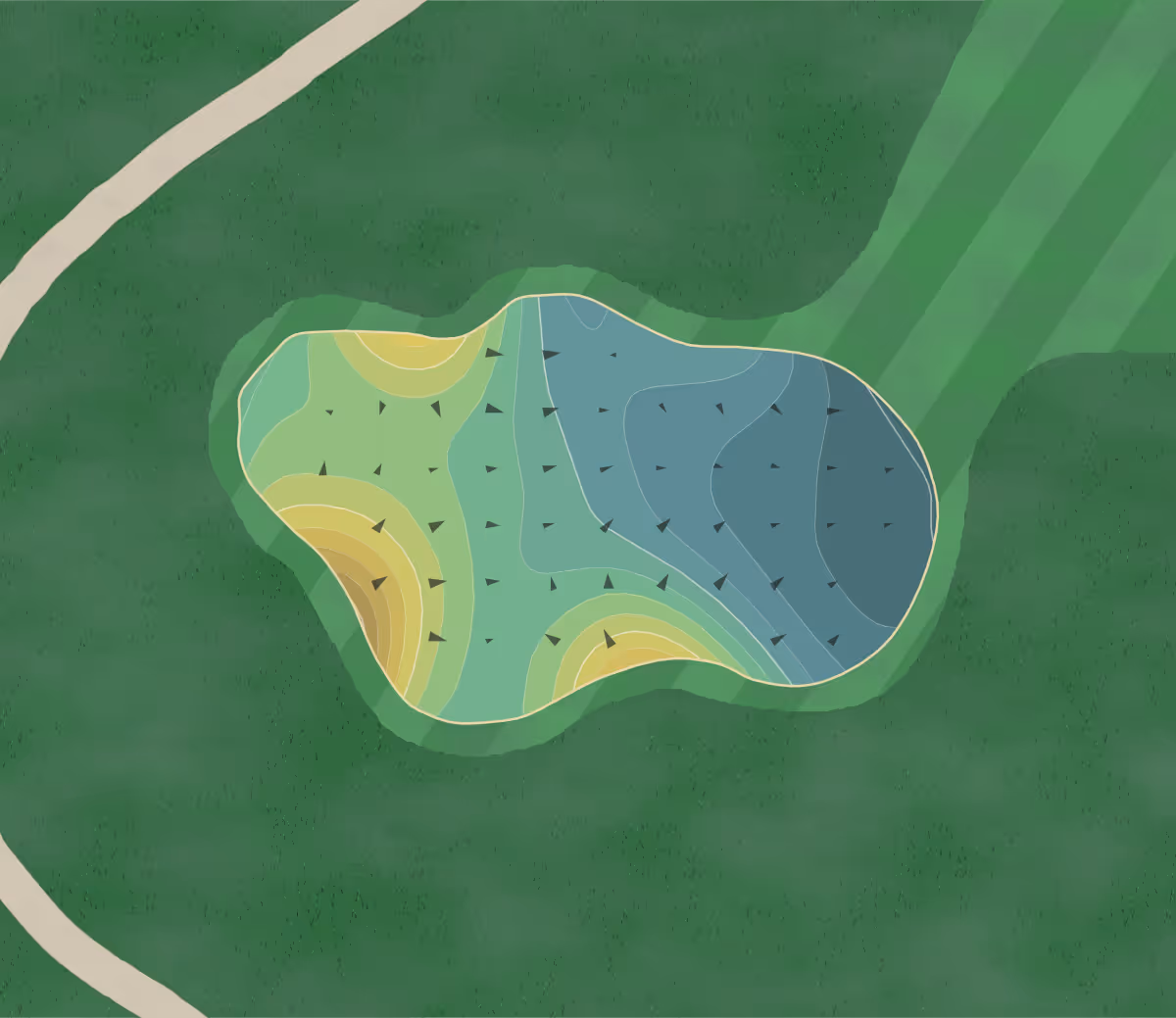 Green contour map of Riverwalk in San Diego, California — 225 elevation contours at a 3-inch interval with fall-line arrows, traced from 1-meter lidar