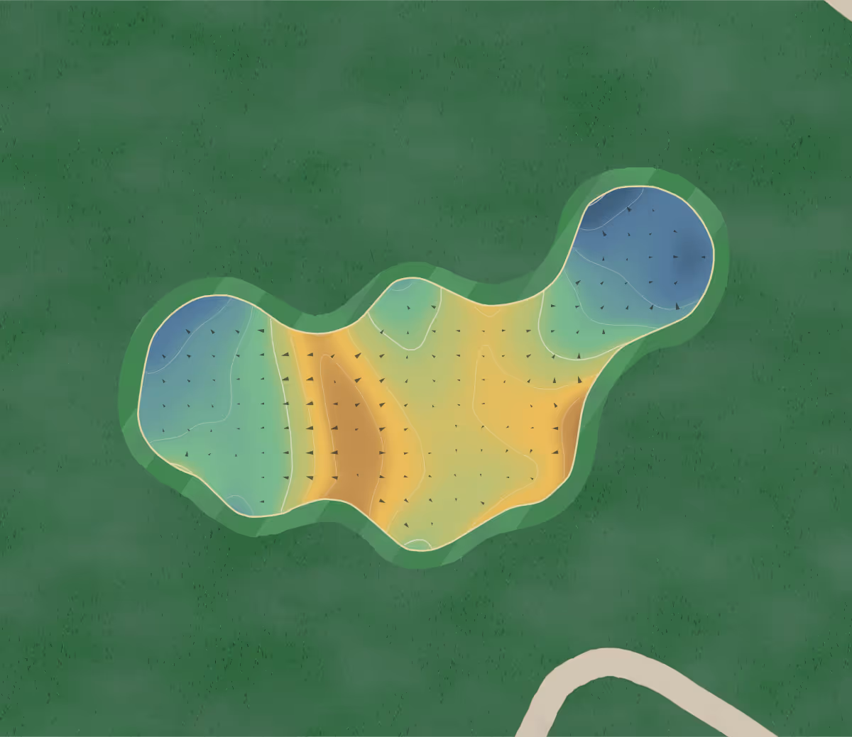 Green contour map of Riverway in Burnaby, Canada — 176 elevation contours at a 8-centimeter interval with fall-line arrows, traced from 1-meter lidar