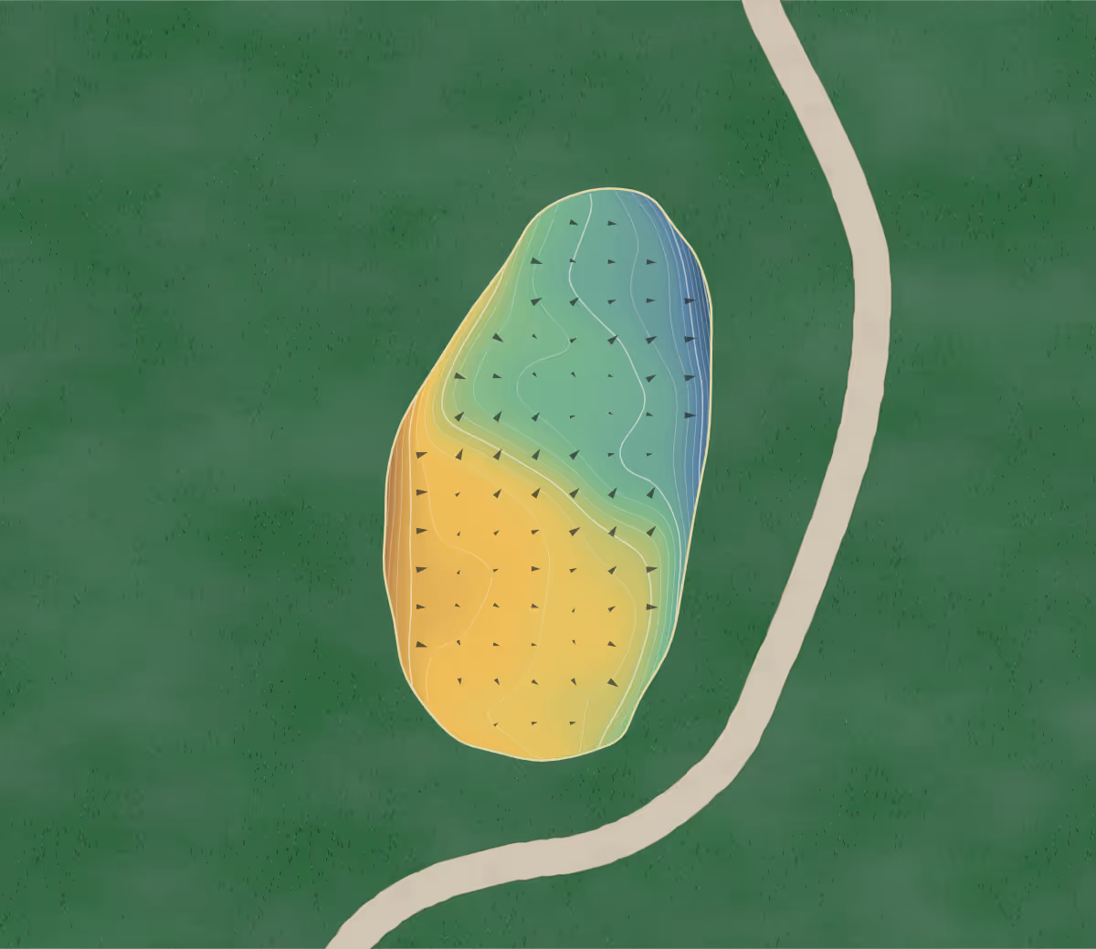Green contour map of Riviera in Mandelieu-la-Napoule, France — 172 elevation contours at a 8-centimeter interval with fall-line arrows, traced from 1-meter lidar
