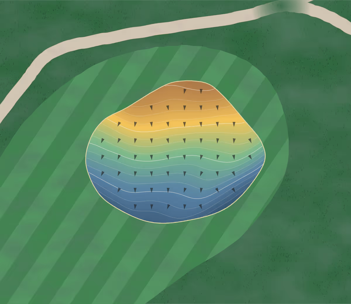 Green contour map of Roanoke in Cloyne, Canada — 99 elevation contours at a 8-centimeter interval with fall-line arrows, traced from 1-meter lidar