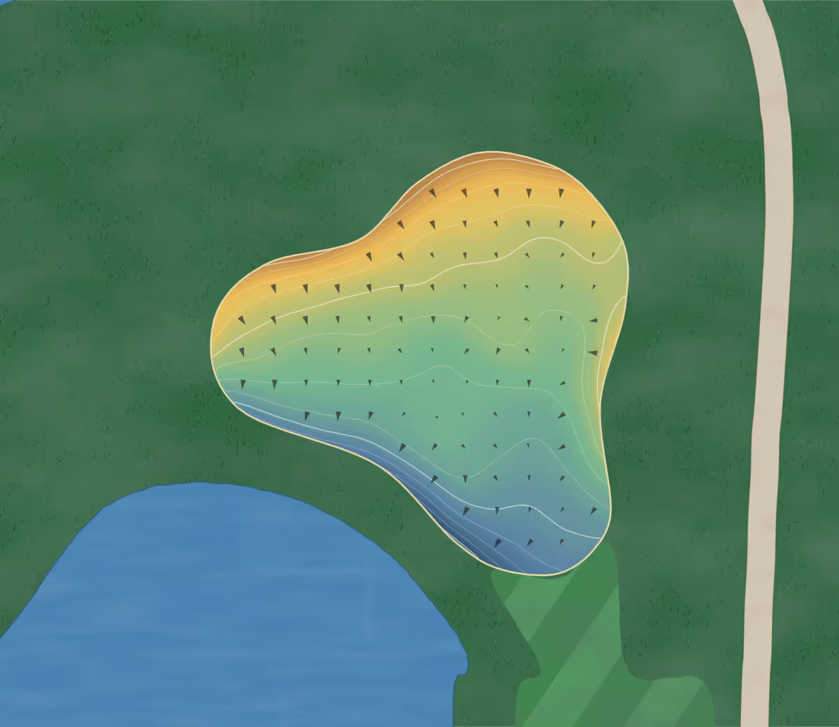 Green contour map of Rob Roy in Prospect Heights, Illinois: 84 elevation contours at a 3-inch interval with fall-line arrows, traced from 1-meter lidar