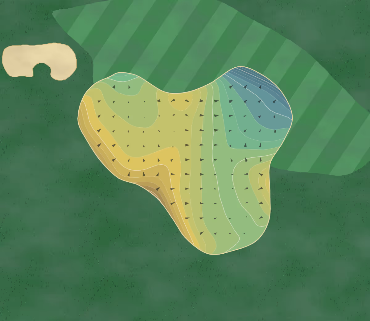 Green contour map of Robert Trent in Lake Manassas, Virginia — 267 elevation contours at a 3-inch interval with fall-line arrows, traced from 1-meter lidar