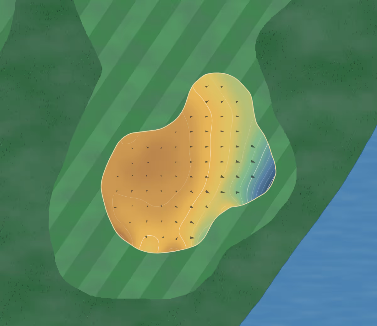 Green contour map of Rock Chapel in Canada — 72 elevation contours at a 8-centimeter interval with fall-line arrows, traced from 1-meter lidar