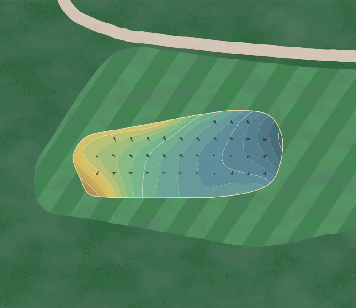Green contour map of Rock Creek GC in N. Wilkesboro, North Carolina — 157 elevation contours at a 3-inch interval with fall-line arrows, traced from 1-meter lidar