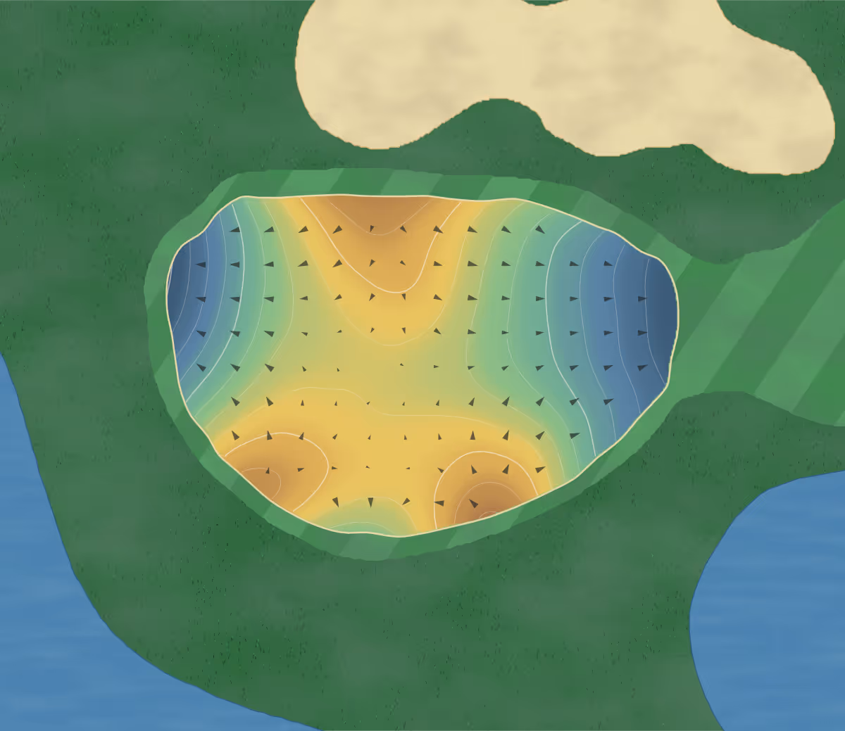 Green contour map of Rock Gc in Waupan, Wisconsin — 97 elevation contours at a 3-inch interval with fall-line arrows, traced from 1-meter lidar