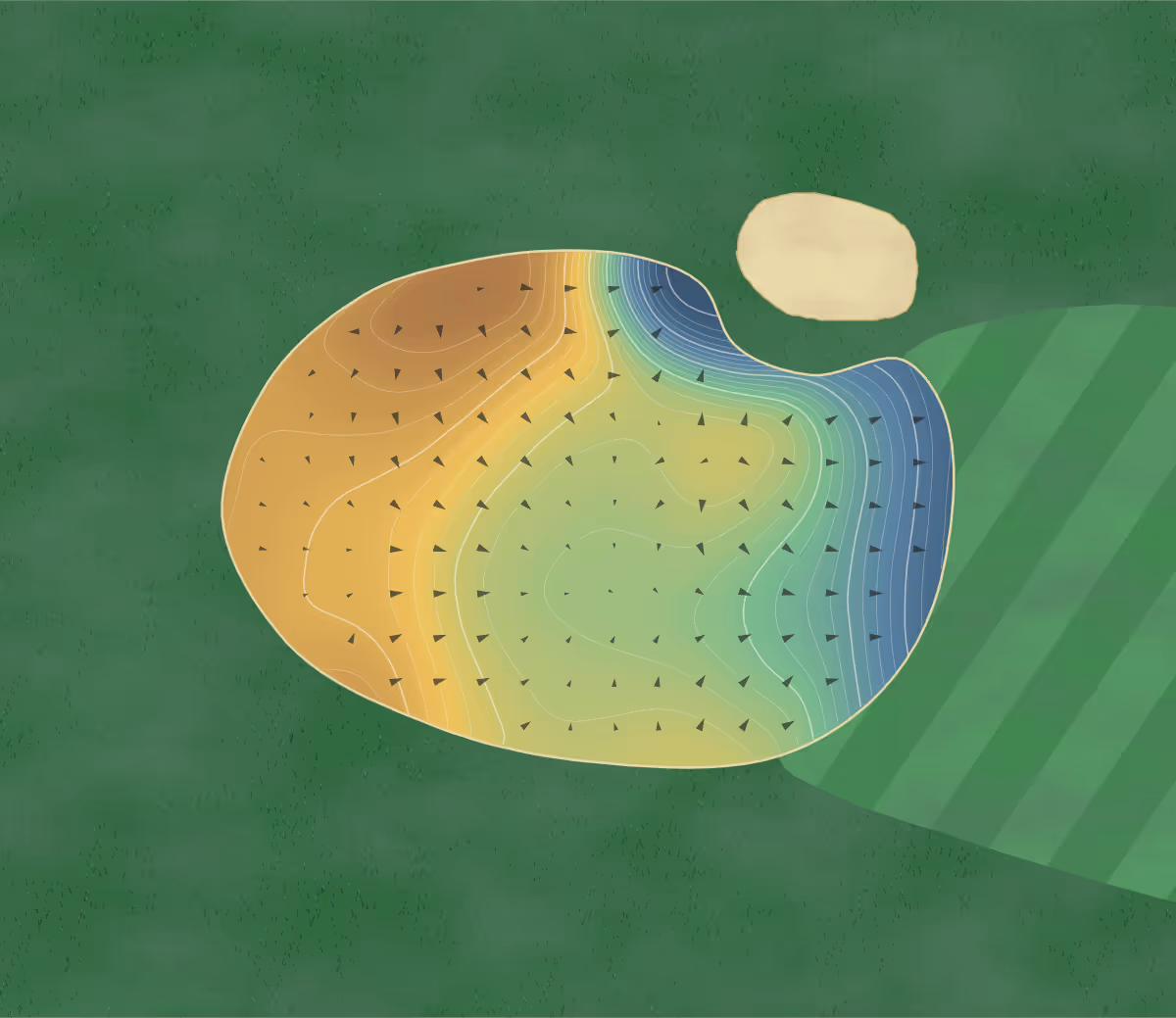 Green contour map of Rockland GC in Rockland, Canada: 153 elevation contours at a 8-centimeter interval with fall-line arrows, traced from 1-meter lidar