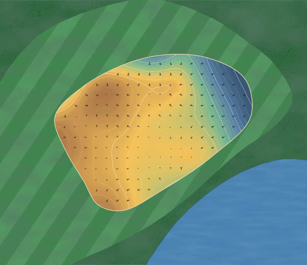 Green contour map of Rockland - East in Rockland, Canada — 157 elevation contours at a 8-centimeter interval with fall-line arrows, traced from 1-meter lidar