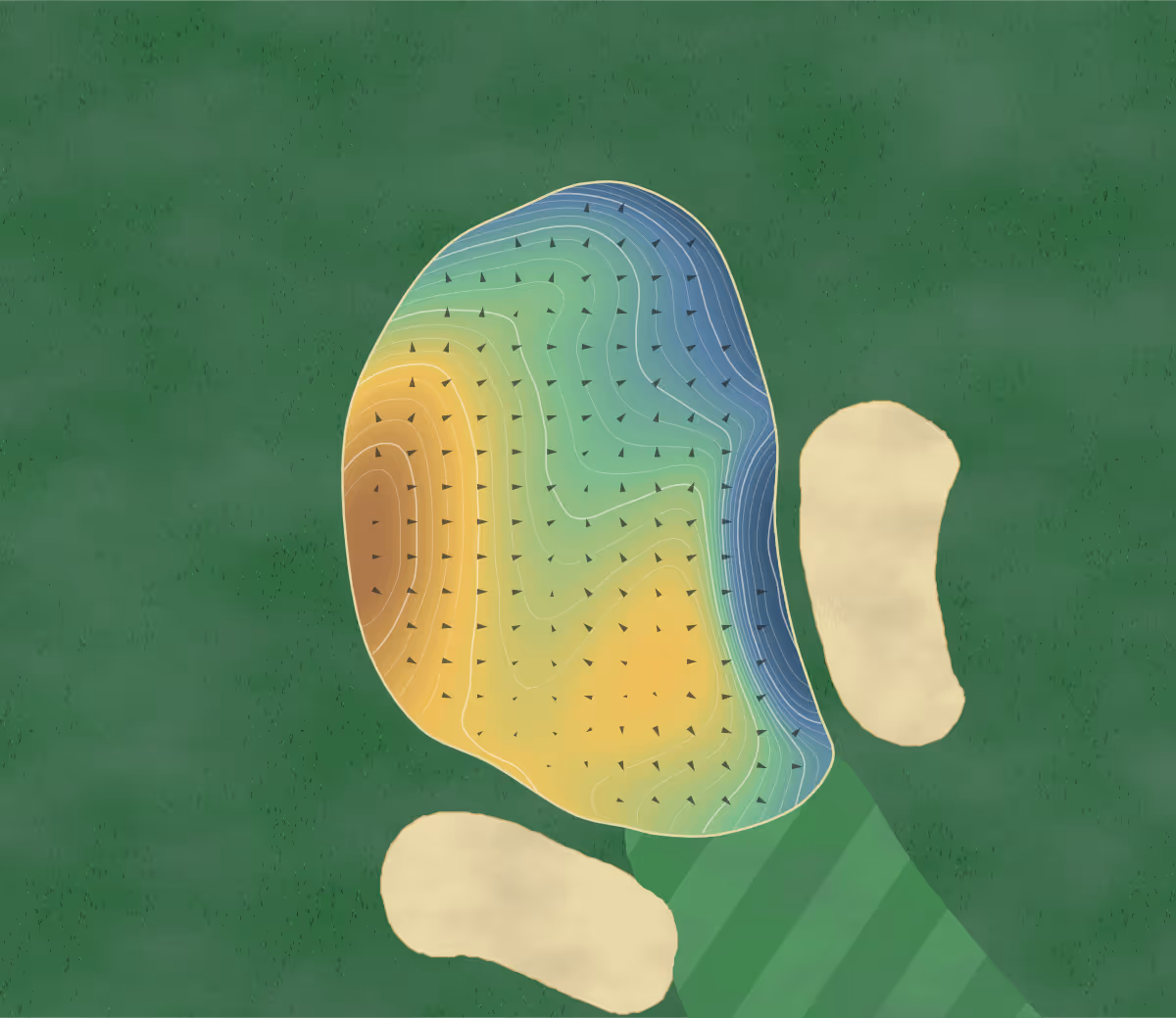 Green contour map of Rockland GC in Rockland, Canada: 143 elevation contours at a 8-centimeter interval with fall-line arrows, traced from 1-meter lidar