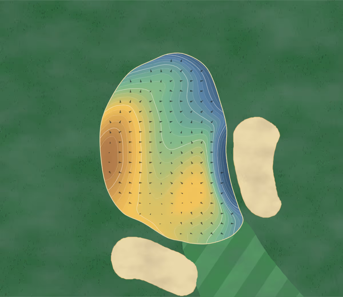 Green contour map of Rockland - South in Rockland, Canada — 140 elevation contours at a 8-centimeter interval with fall-line arrows, traced from 1-meter lidar