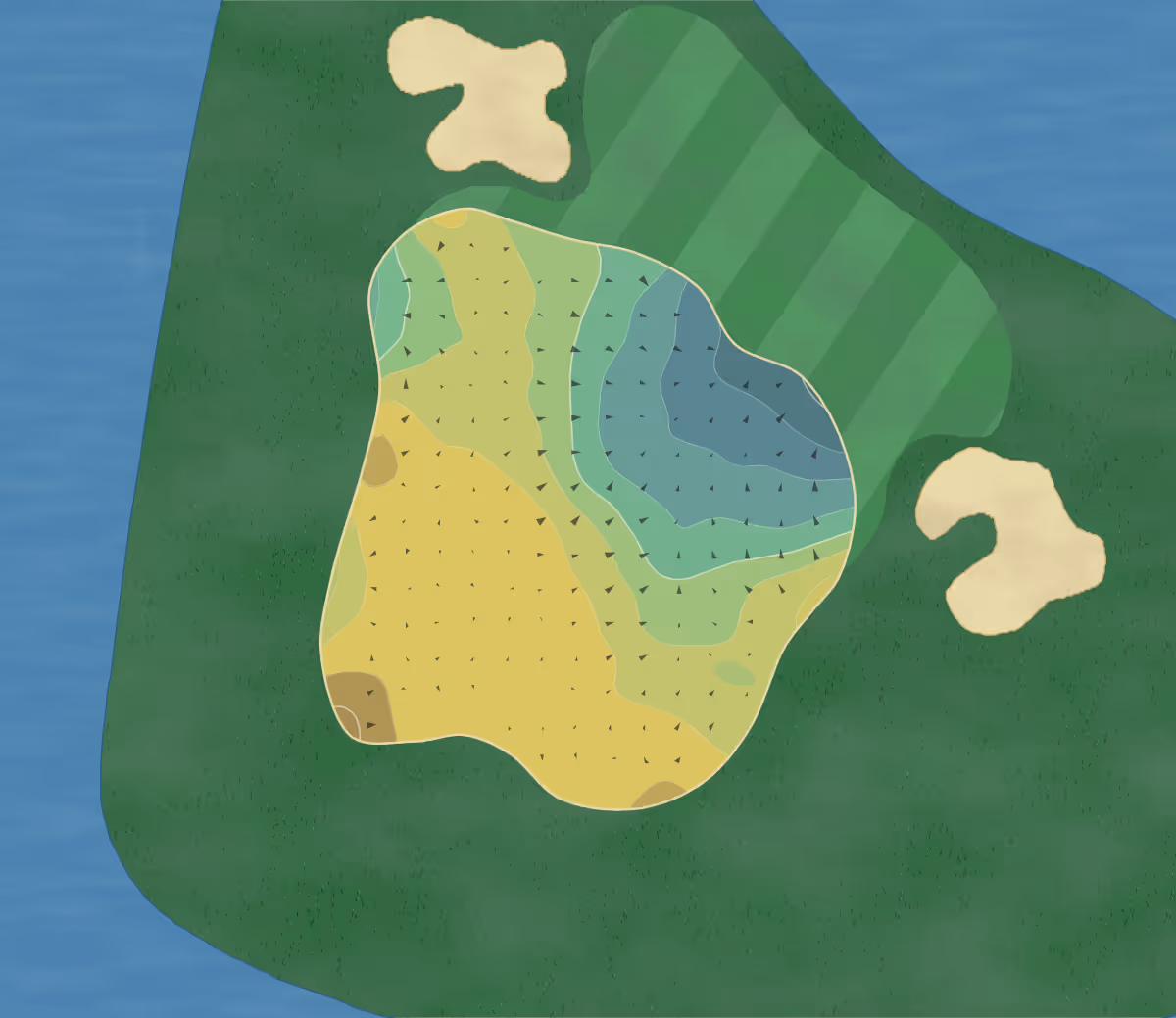 Green contour map of Rockliffe Hall in Darlington, England — 218 elevation contours at a 8-centimeter interval with fall-line arrows, traced from 1-meter lidar