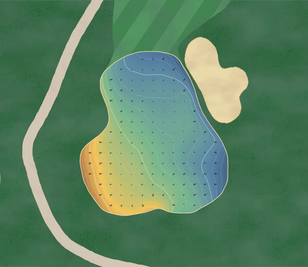 Green contour map of Rockway Vineyards Golf Club in St. Catharines, Canada — 148 elevation contours at a 8-centimeter interval with fall-line arrows, traced from 1-meter lidar