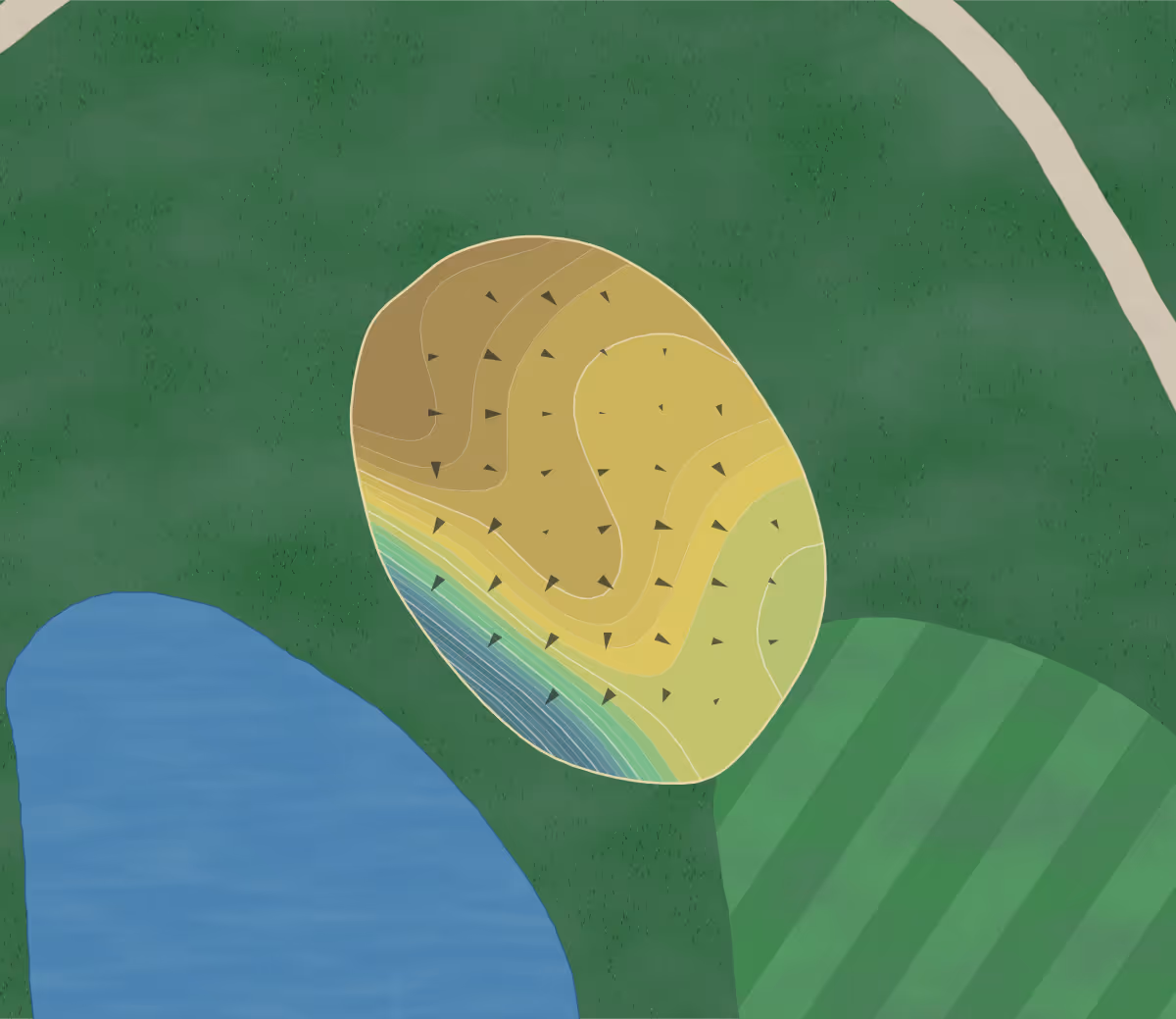 Green contour map of Rockwood Golf Course in Fort Worth, Texas — 183 elevation contours at a 3-inch interval with fall-line arrows, traced from 1-meter lidar