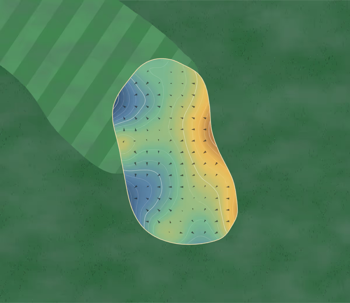 Green contour map of Rocky Crest in Mactier, Canada — 211 elevation contours at a 8-centimeter interval with fall-line arrows, traced from 1-meter lidar