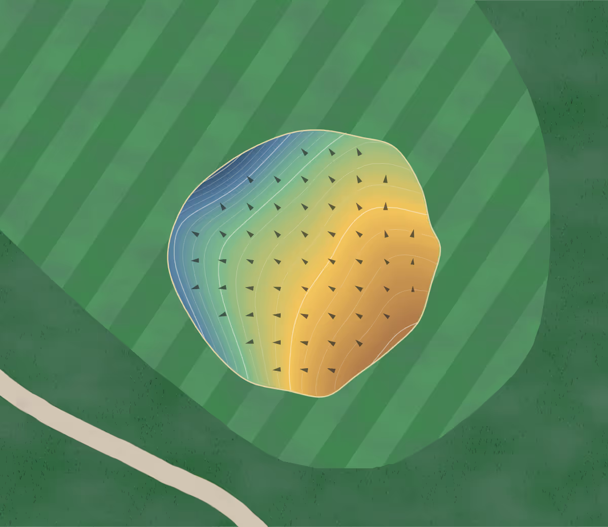 Green contour map of Rocky Knolls in Custer, South Dakota — 97 elevation contours at a 3-inch interval with fall-line arrows, traced from 1-meter lidar