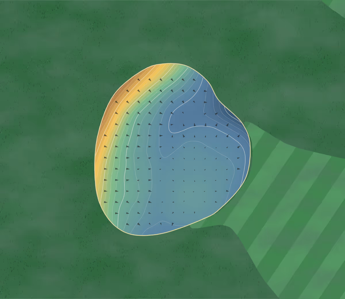 Green contour map of Rodway Hill in Highnam, England: 131 elevation contours at a 8-centimeter interval with fall-line arrows, traced from 1-meter lidar