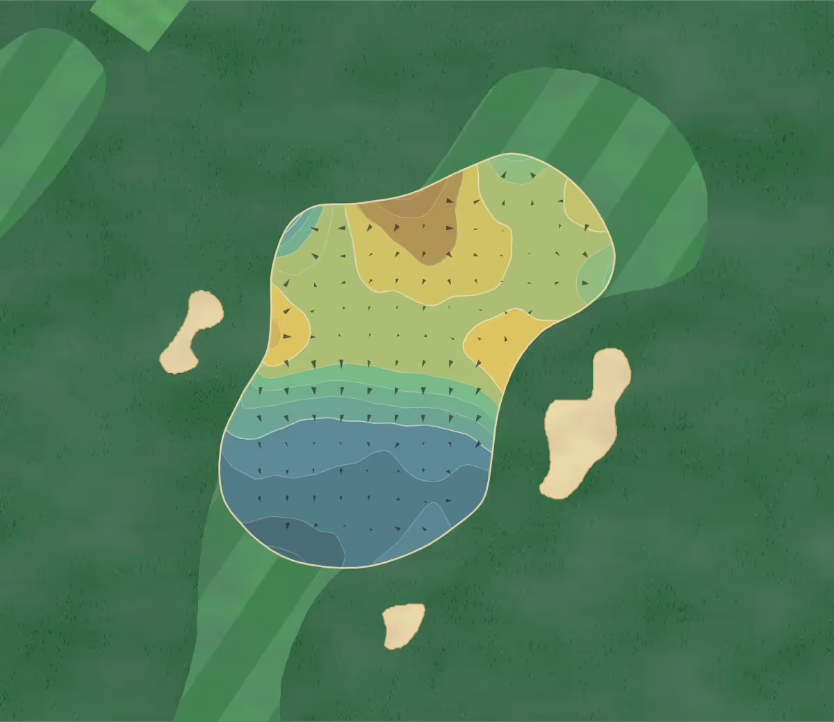 Green contour map of Roehampton Club in Greater London, England — 180 elevation contours at a 8-centimeter interval with fall-line arrows, traced from 1-meter lidar