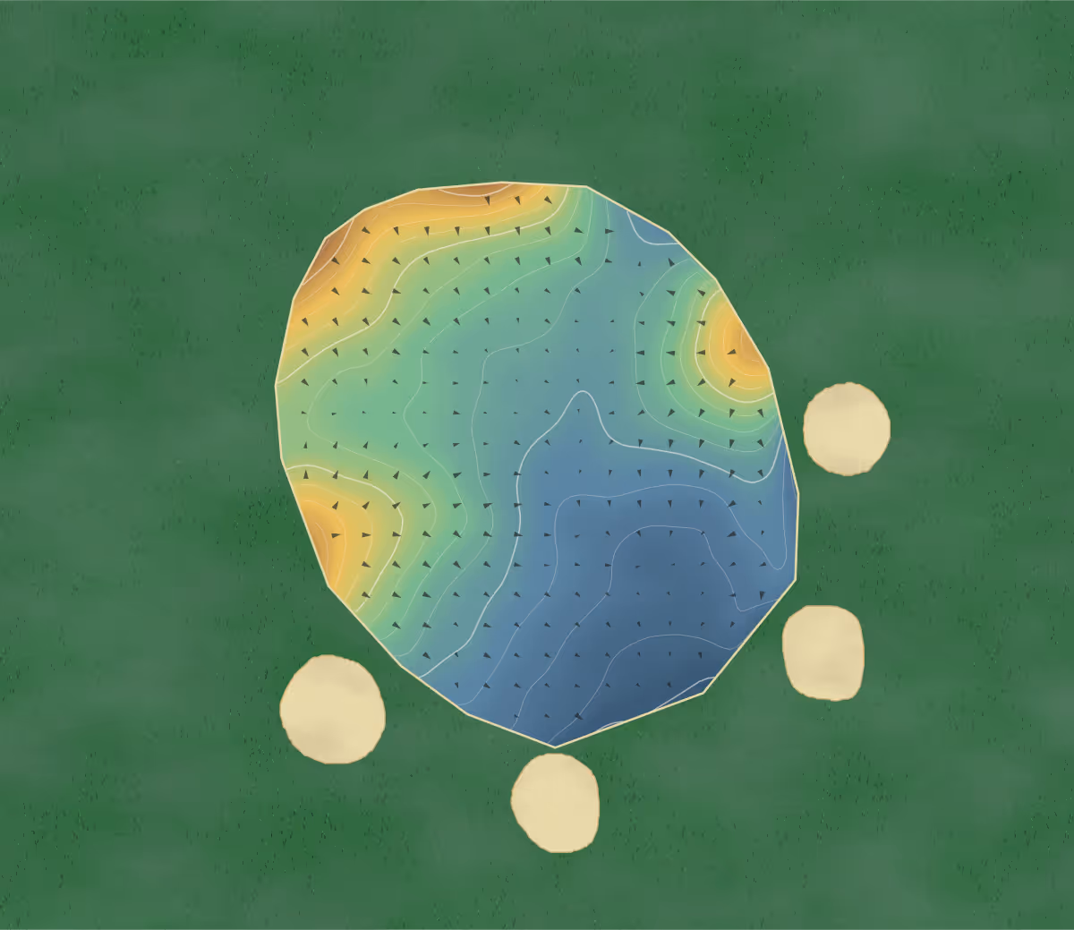 Green contour map of Roganstown in Swords, Ireland: 374 elevation contours at a 8-centimeter interval with fall-line arrows, traced from 1-meter lidar
