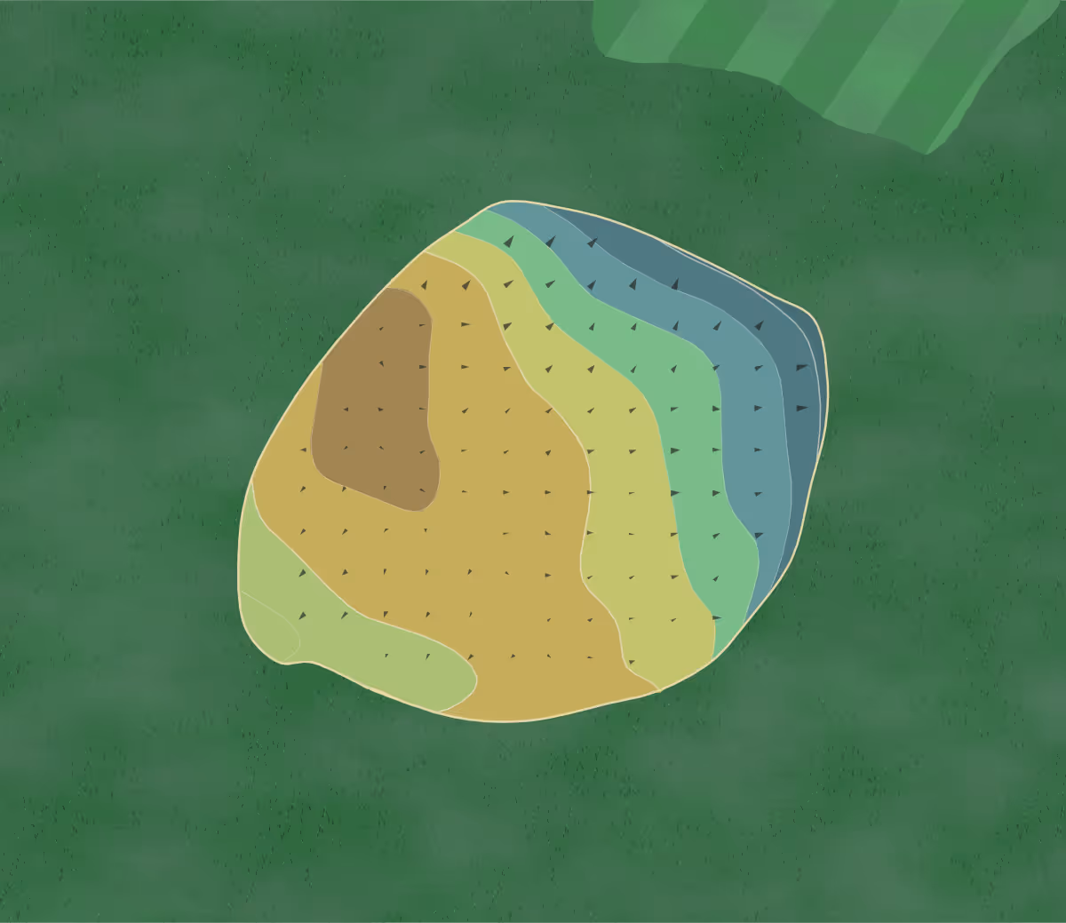 Green contour map of Rogues Roost in Bridgeport, New York — 6 elevation contours at a 3-inch interval with fall-line arrows, traced from 1-meter lidar