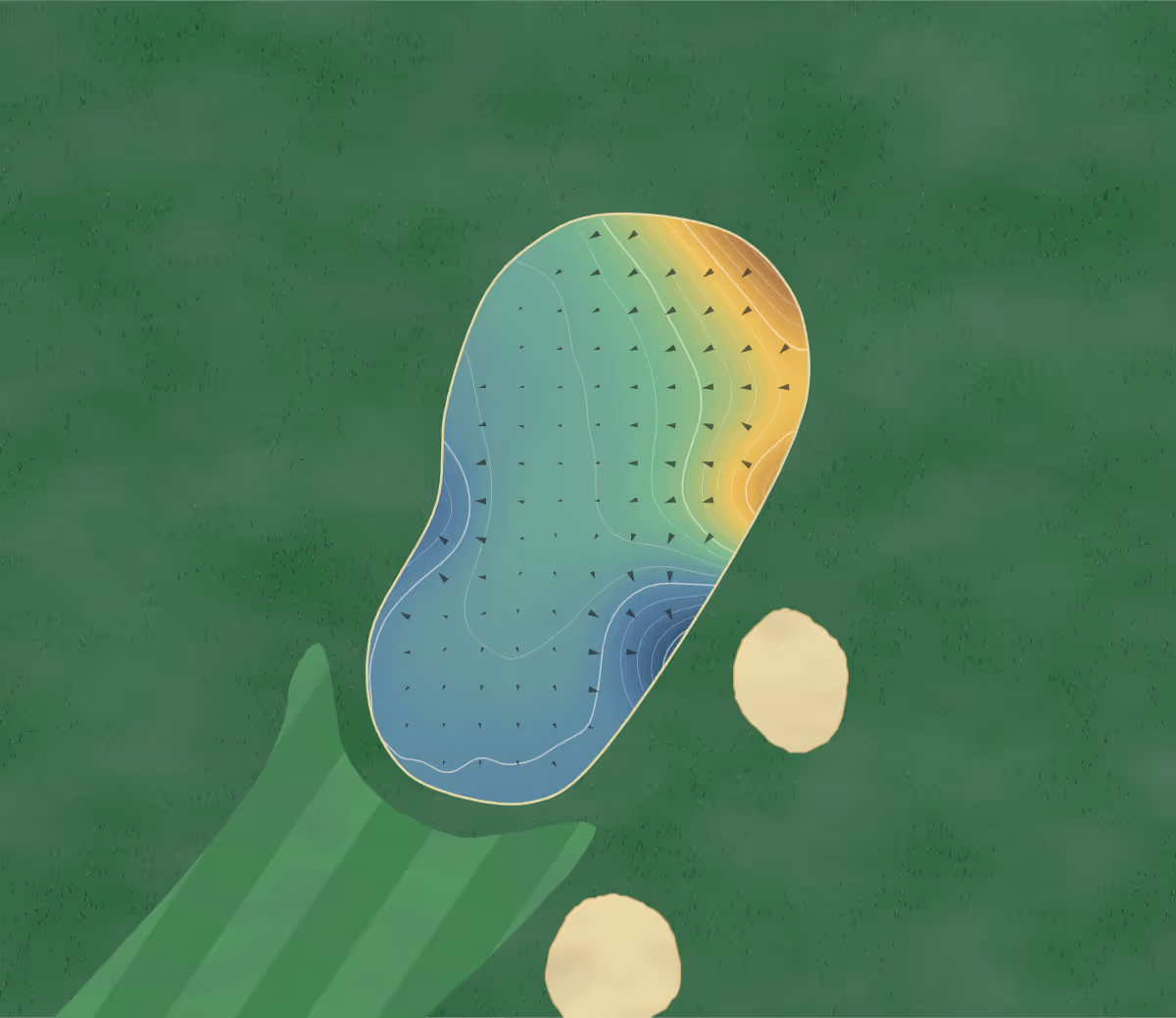 Green contour map of Roker Park in Worplesdon, England: 76 elevation contours at a 8-centimeter interval with fall-line arrows, traced from 1-meter lidar