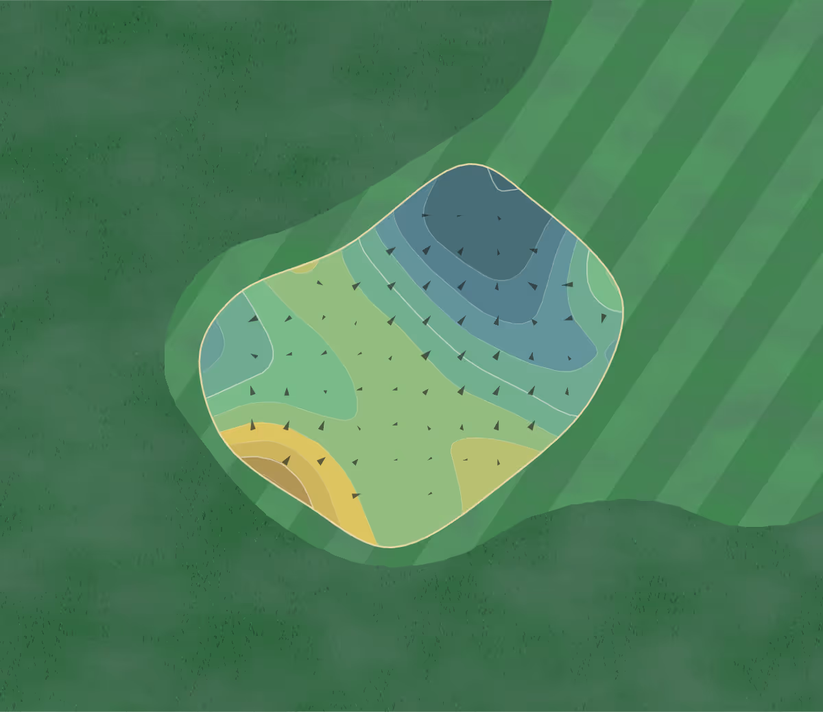 Green contour map of Rolling Green in Arlington Heights, Illinois — 226 elevation contours at a 3-inch interval with fall-line arrows, traced from 1-meter lidar