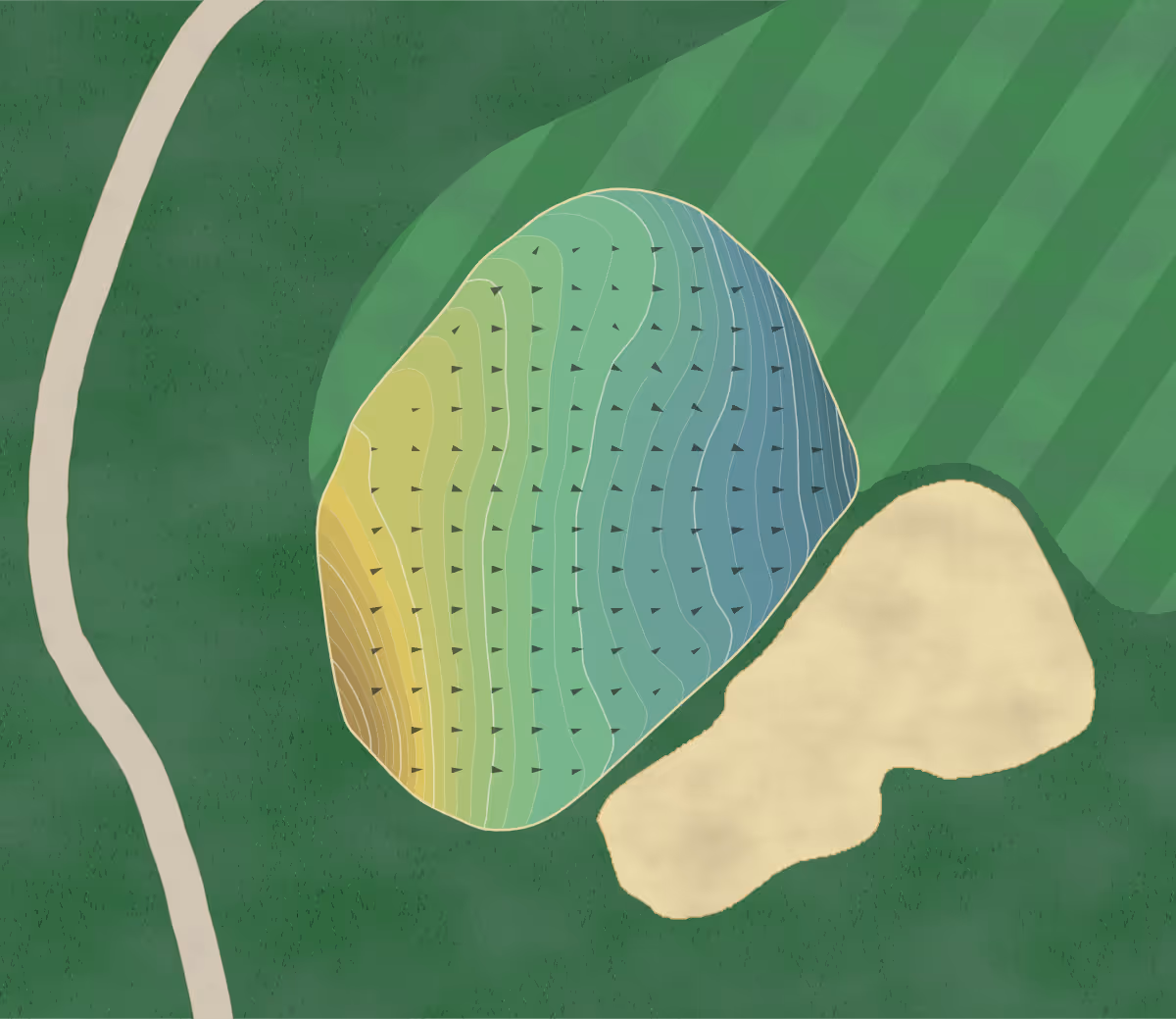 Green contour map of Rolling Green in Springfield, Pennsylvania — 445 elevation contours at a 3-inch interval with fall-line arrows, traced from 1-meter lidar