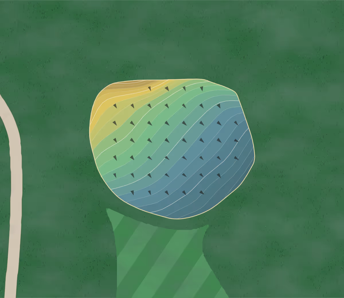 Green contour map of Rolling Greens in North Kingstown, Rhode Island — 76 elevation contours at a 3-inch interval with fall-line arrows, traced from 1-meter lidar