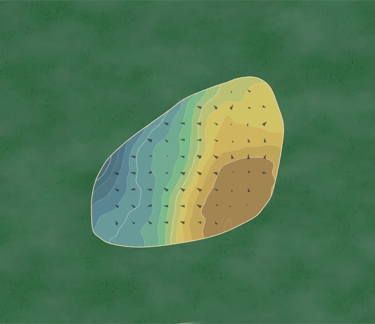 Green contour map of Rolling Greens in Rocky Hill, Connecticut — 89 elevation contours at a 3-inch interval with fall-line arrows, traced from 1-meter lidar