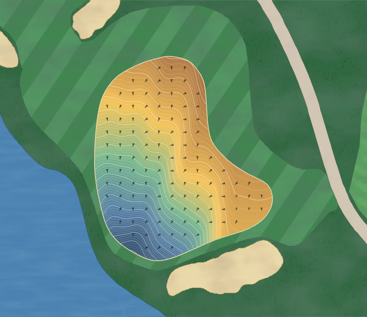 Green contour map of Rolling Hills in Rolling Hills Estates, California — 444 elevation contours at a 3-inch interval with fall-line arrows, traced from 1-meter lidar