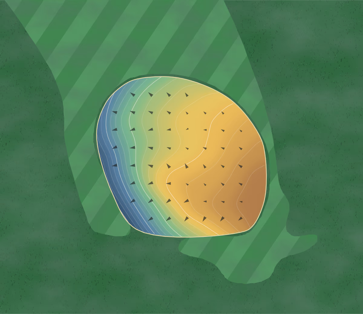 Green contour map of Rolling Hills in Pocahontas, Arkansas: 104 elevation contours at a 3-inch interval with fall-line arrows, traced from 1-meter lidar