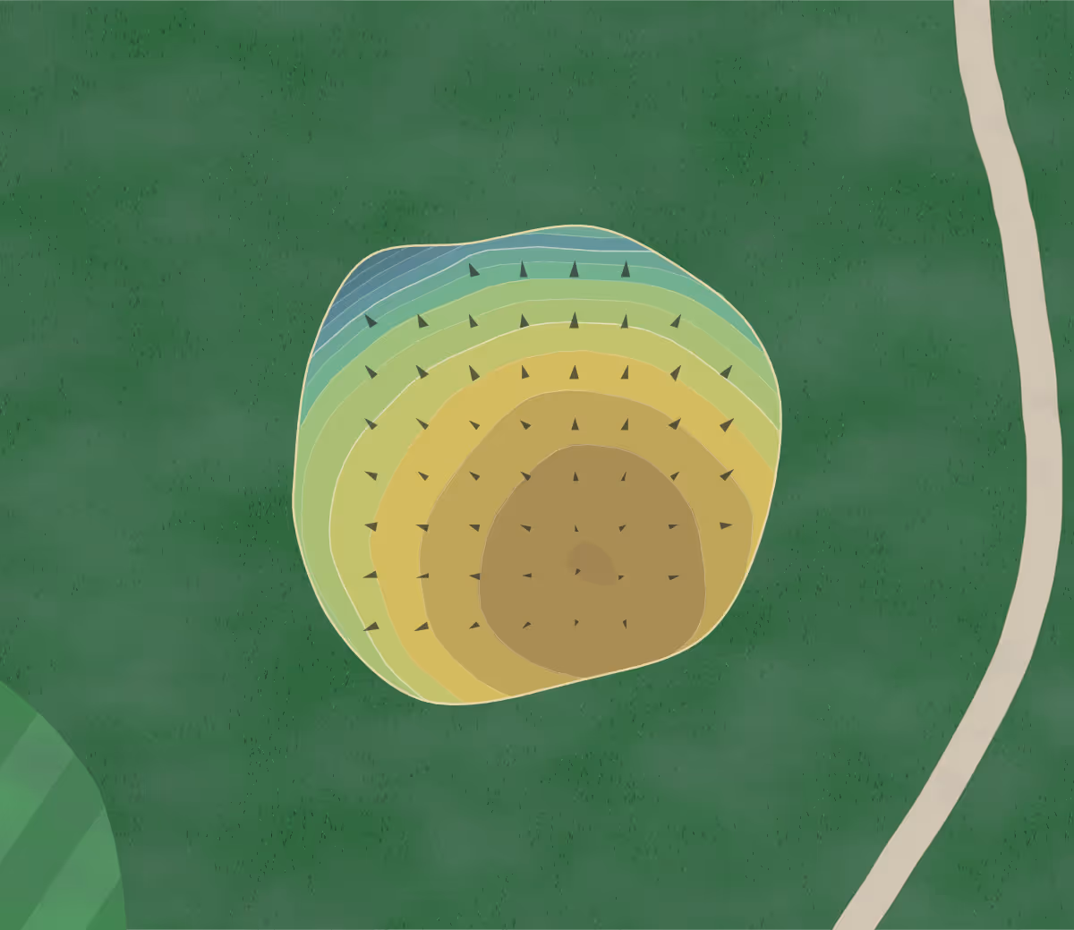 Green contour map of Rolling Hills in Versailles, Missouri — 210 elevation contours at a 3-inch interval with fall-line arrows, traced from 1-meter lidar