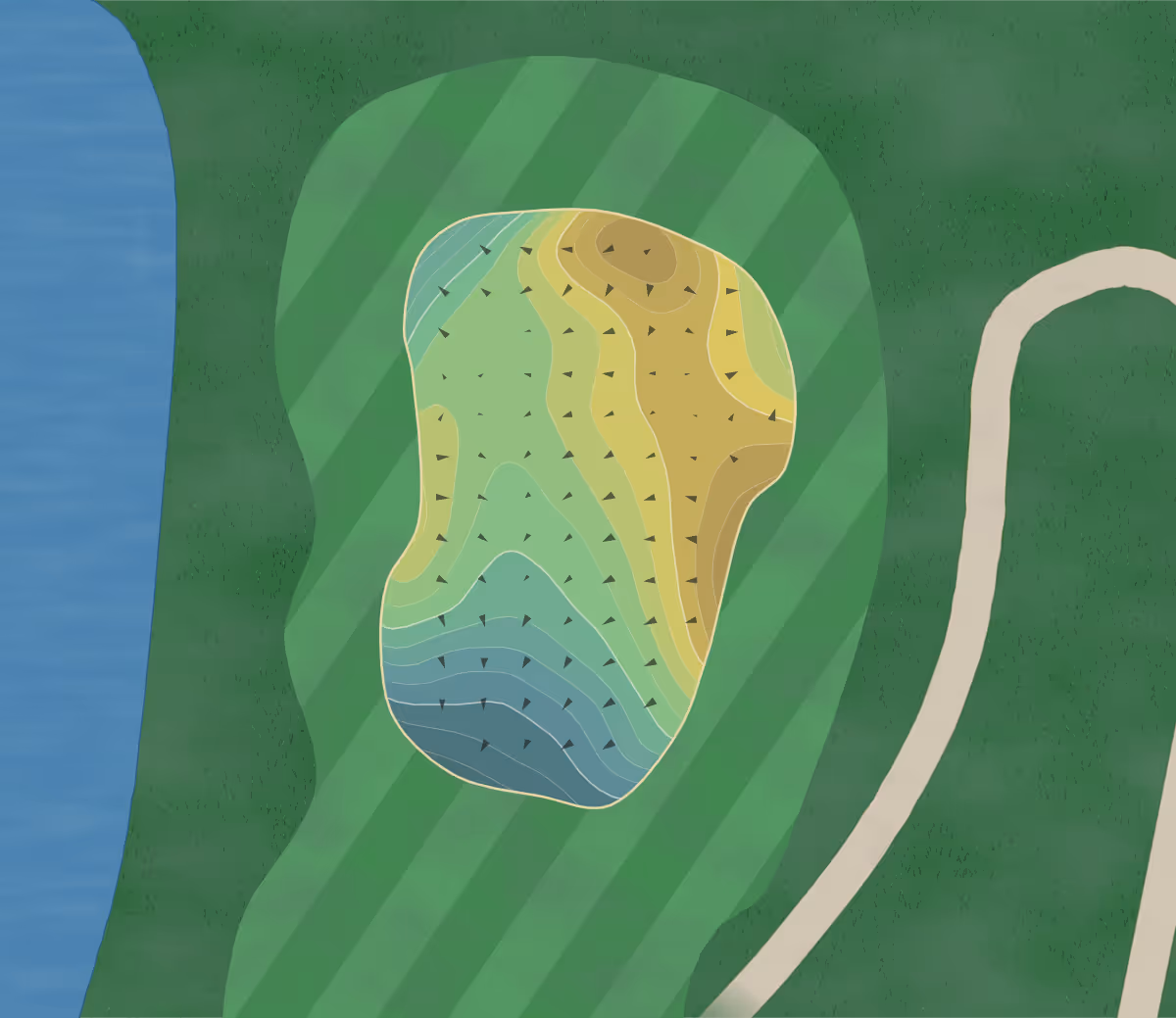 Green contour map of Rolling Hills in Aberdeen, South Dakota — 112 elevation contours at a 3-inch interval with fall-line arrows, traced from 1-meter lidar