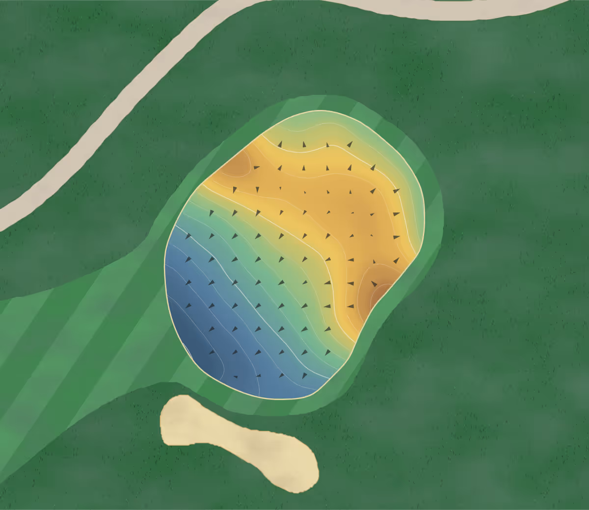 Green contour map of Rolling Meadows in Whitmore Lake, Michigan — 204 elevation contours at a 3-inch interval with fall-line arrows, traced from 1-meter lidar