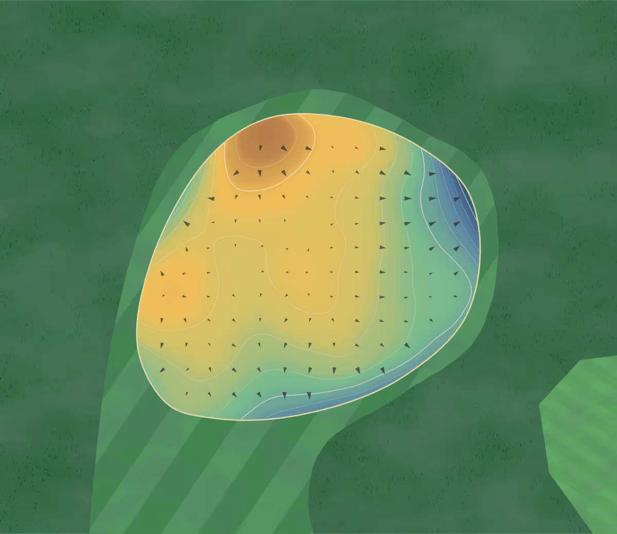 Green contour map of Rolling Meadows in Marysville, Ohio — 169 elevation contours at a 3-inch interval with fall-line arrows, traced from 1-meter lidar