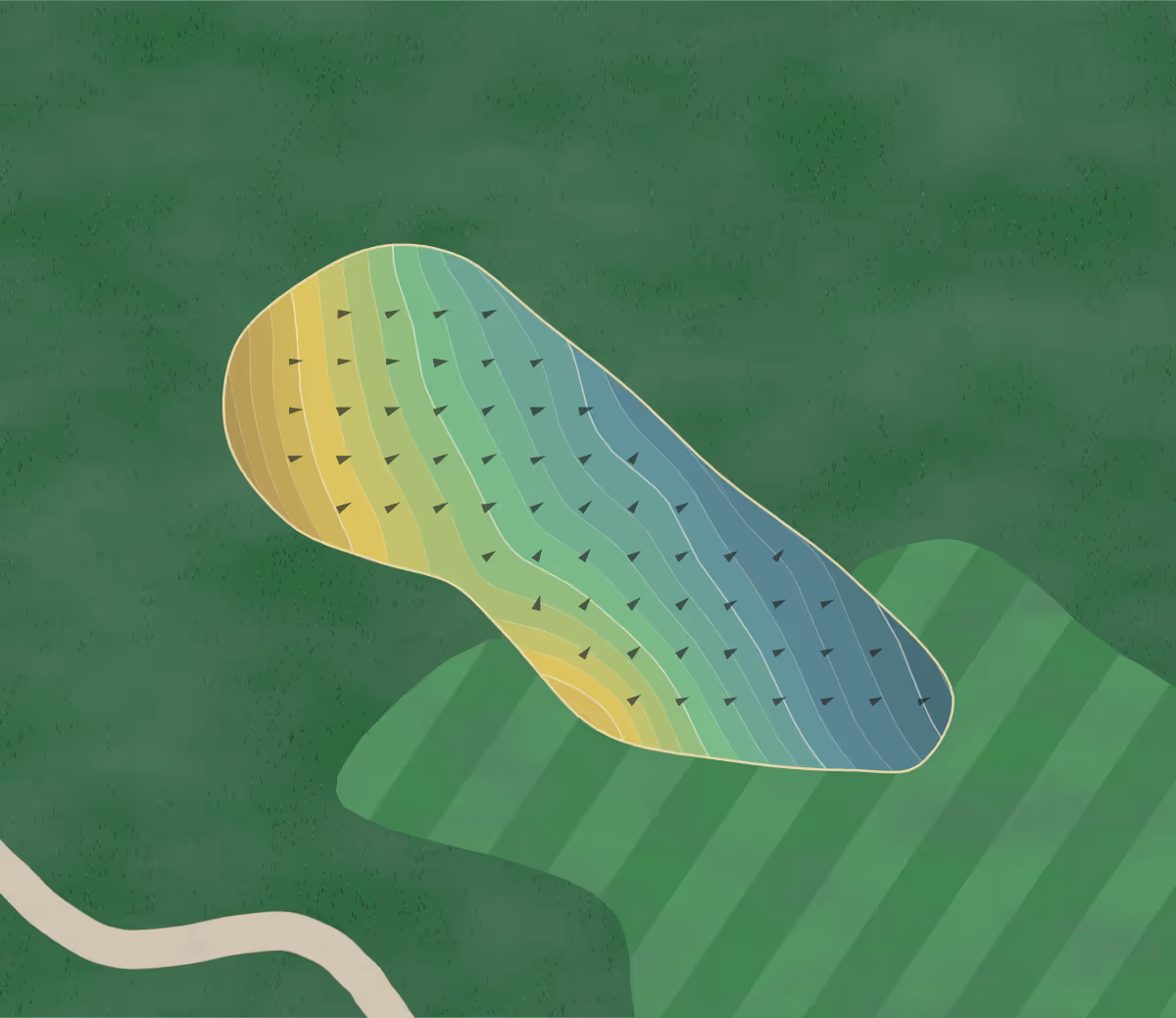 Green contour map of Rolling Meadows in Gosport, Indiana — 206 elevation contours at a 3-inch interval with fall-line arrows, traced from 1-meter lidar