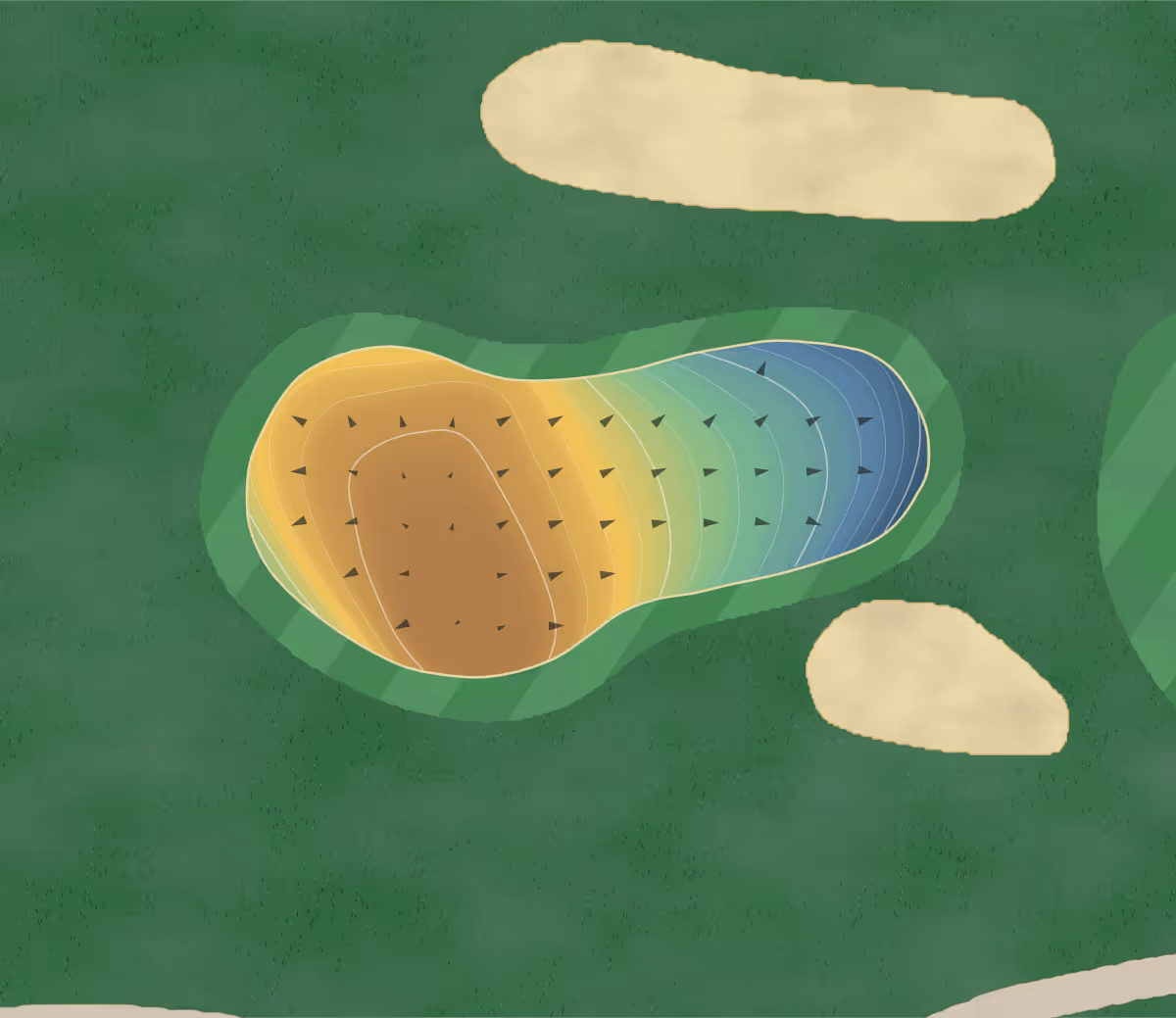 Green contour map of Rolling Meadows in <bos>, Canada: 153 elevation contours at a 8-centimeter interval with fall-line arrows, traced from 1-meter lidar