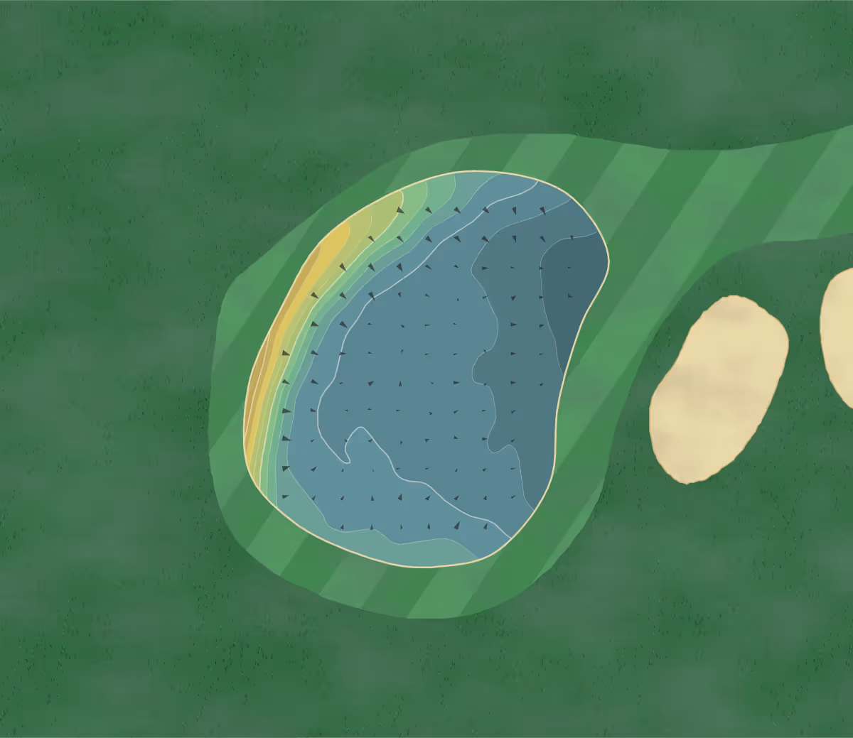 Green contour map of Romanby Golf in Northallerton, England — 180 elevation contours at a 8-centimeter interval with fall-line arrows, traced from 1-meter lidar
