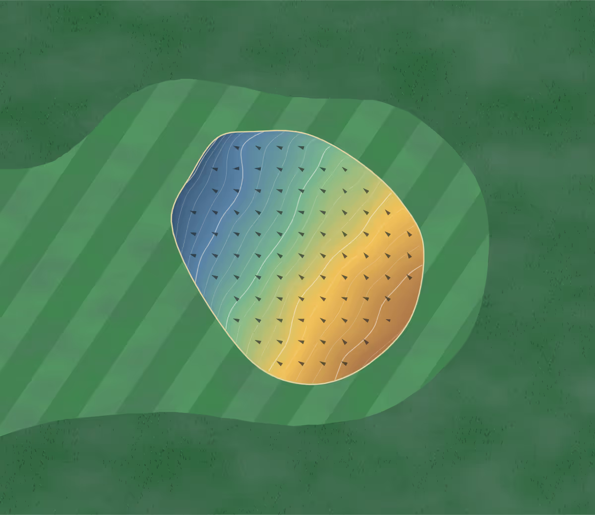 Green contour map of Roodlea in Ayr, Scotland — 119 elevation contours at a 8-centimeter interval with fall-line arrows, traced from 1-meter lidar